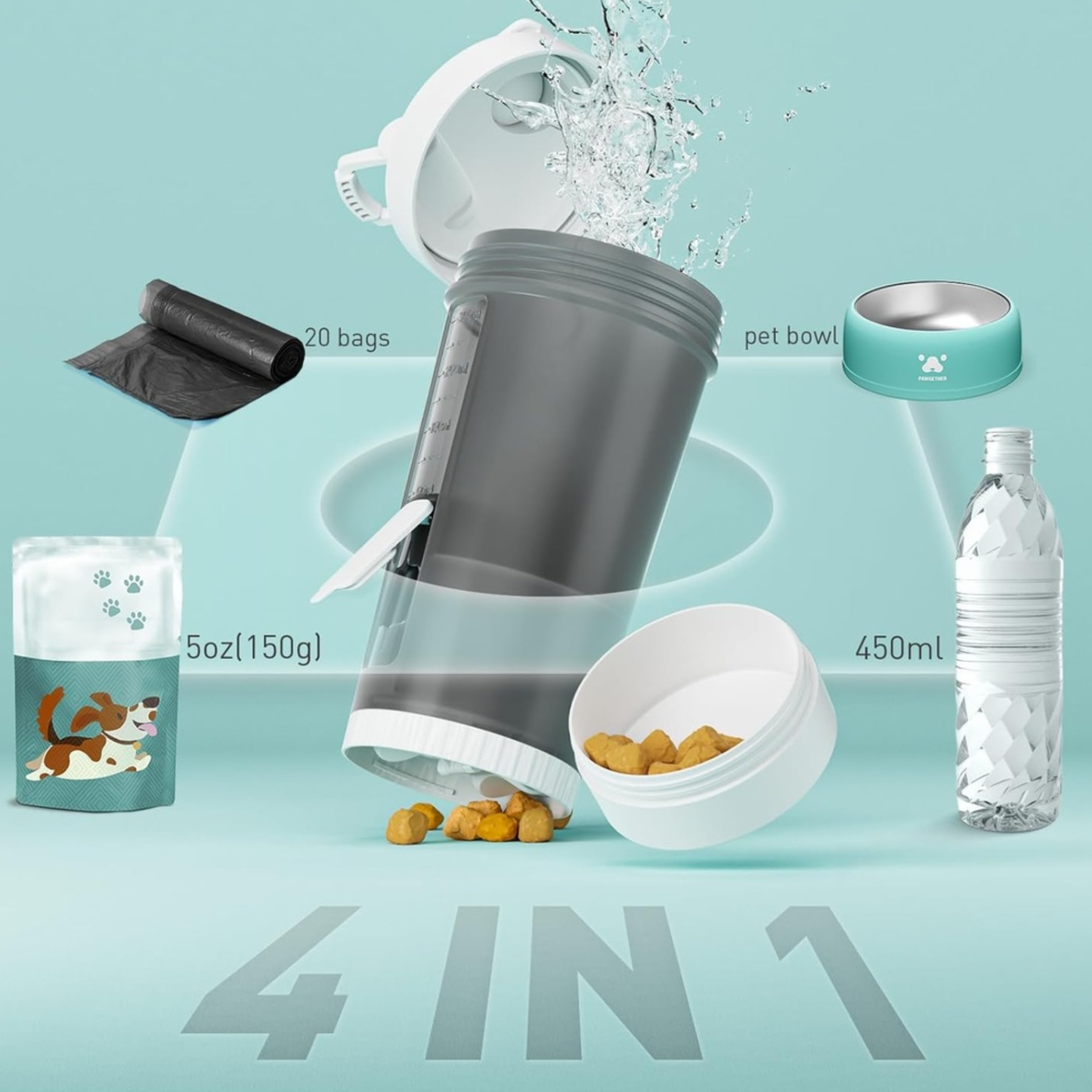 Collection of pet care products including a water dispenser, bowls, and bags on a light blue background.