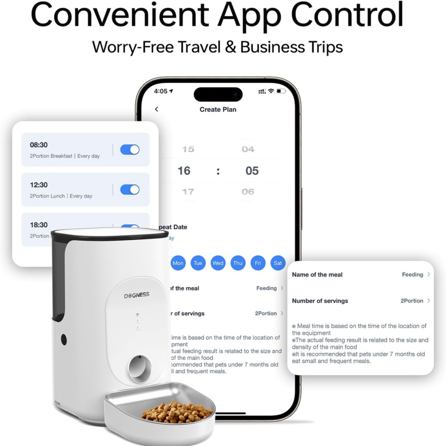 Pet feeder with smartphone app interface on a white background