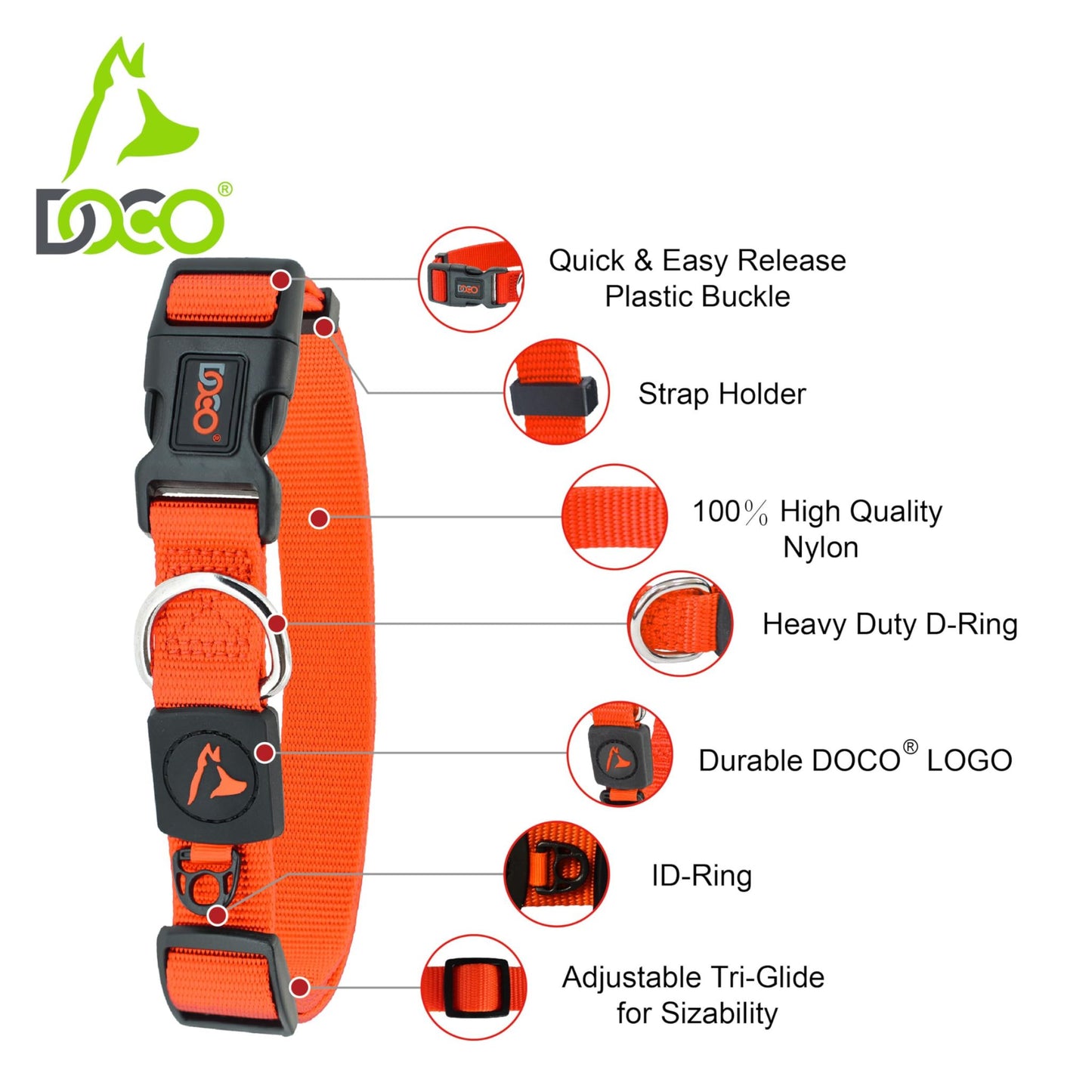 Doco Signature Nylon Dog Collar Durable & Adjustable Fit