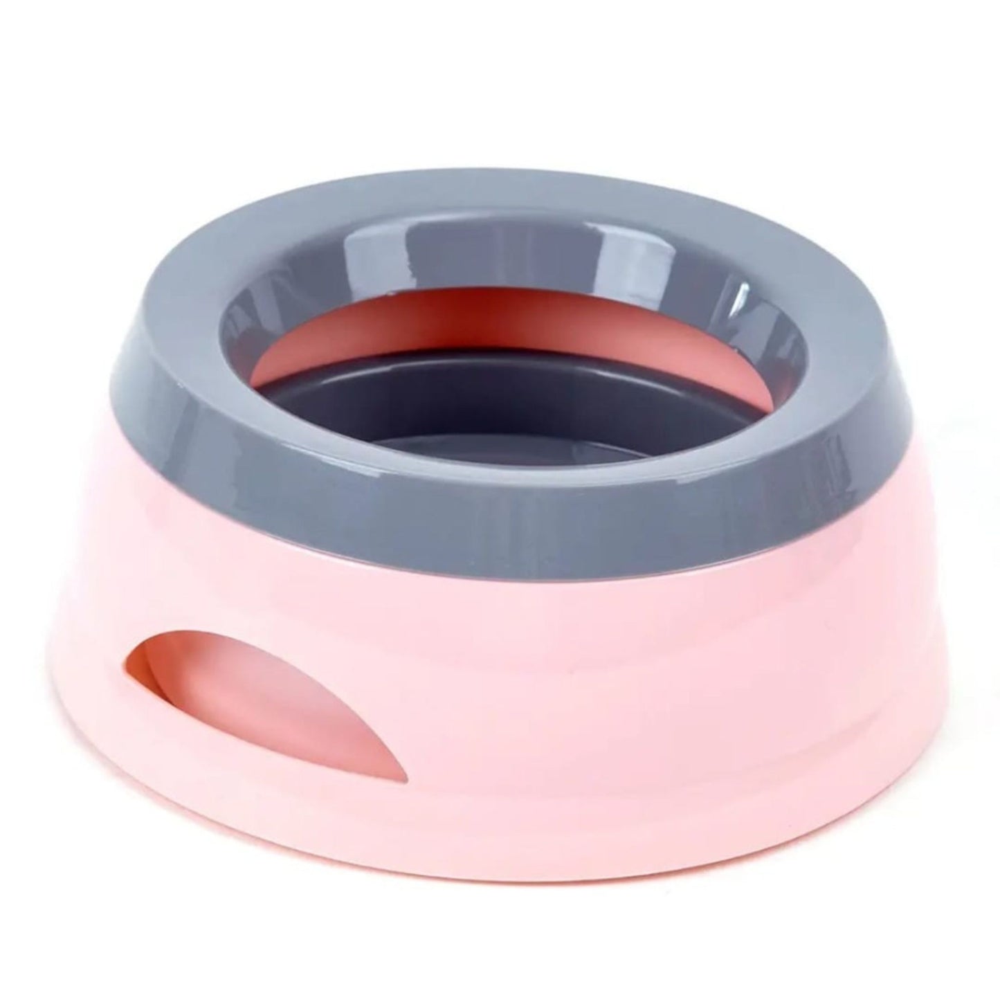 Pink and grey pet bowl on a white background