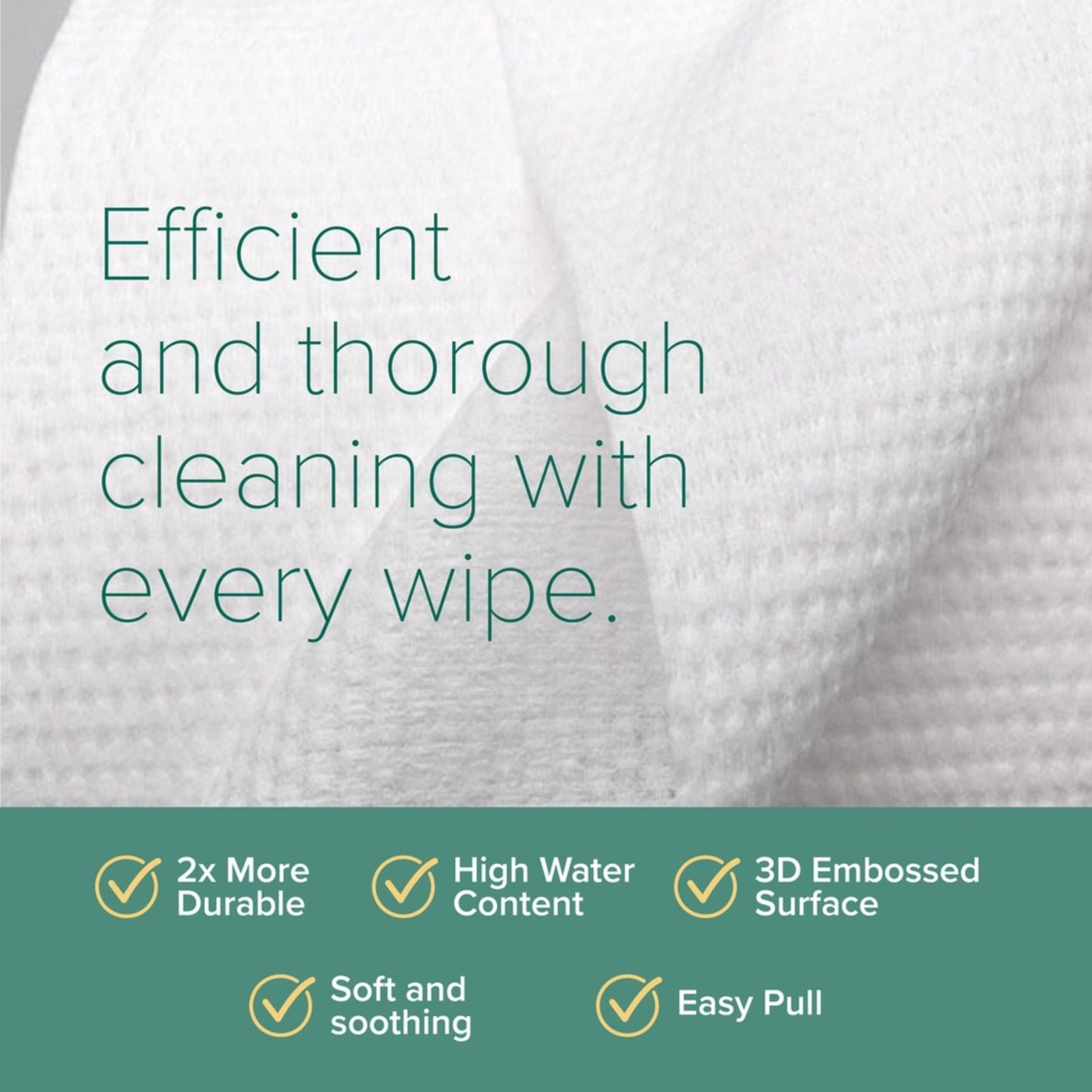Text on a white towel with cleaning benefits listed