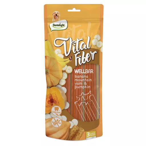 Dentalight Vital Fiber Wellbar dog chew treats in a stand-up pouch package, featuring banana, mountain yam, and pumpkin flavors, on a white background.