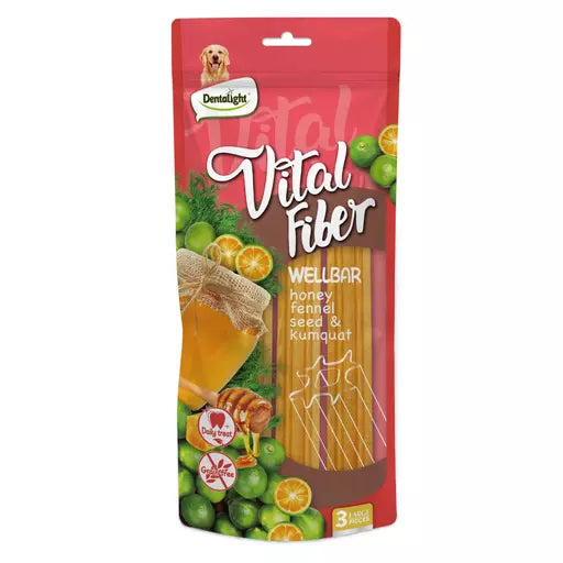 Dentalight Vital Fiber Wellbar packaging with honey, fennel seed, and kumquat on a red background