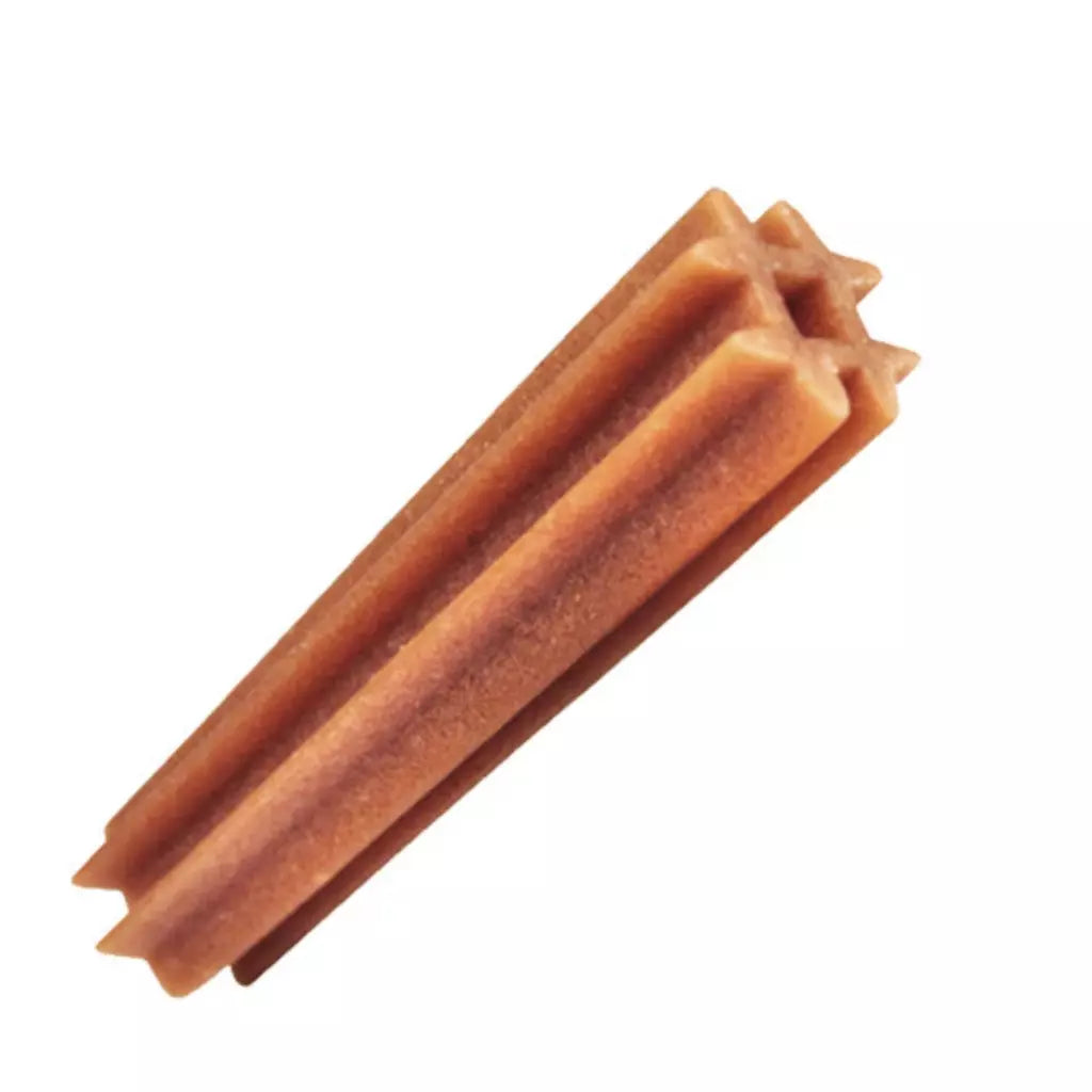A single brown chew-style dog treat or bone-shaped snack shown on a plain white background.