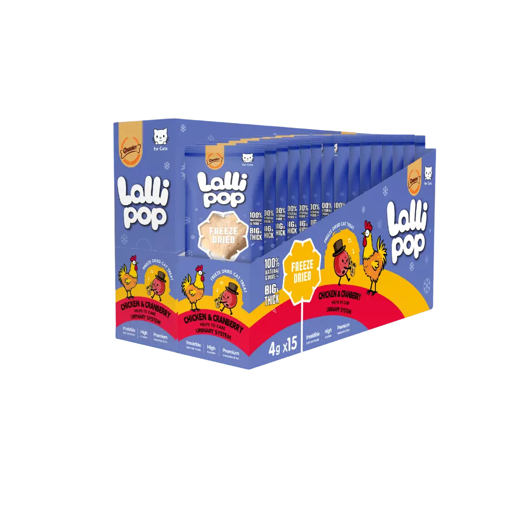 A bulk display box of Lalli Pop Freeze Dried Chicken & Lamb flavor stick packs, showing 15 individual blue packets arranged inside a blue cardboard counter display on a white background.