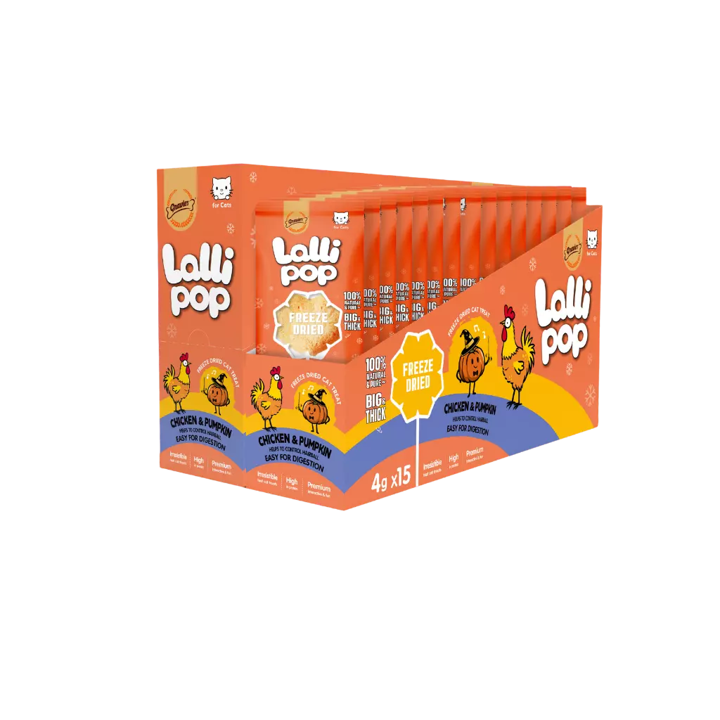 A retail display box of Lalli Pop Chicken & Onion Freeze Dried Energy Puffs, showing 15 individual orange packets arranged inside a larger orange, yellow, and blue cardboard display.