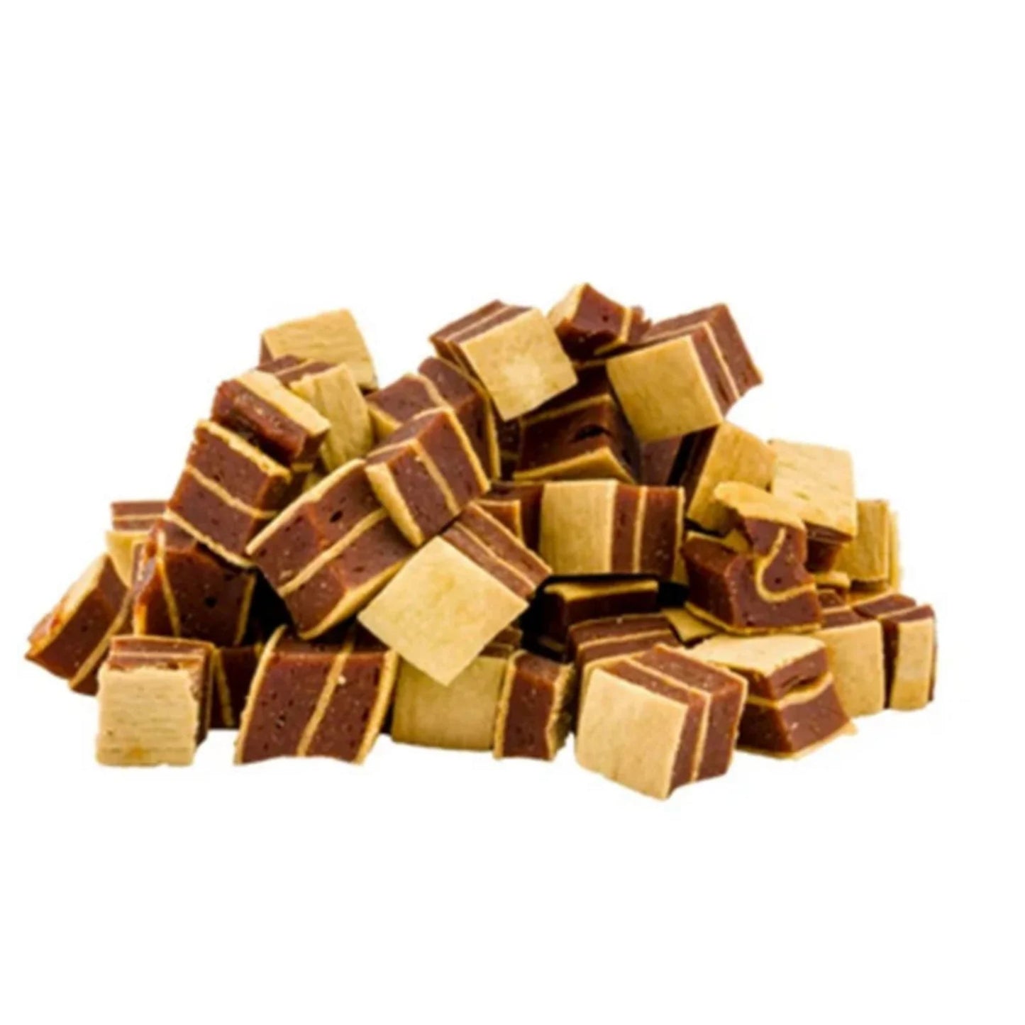 Pile of chocolate and caramel squares on a white background