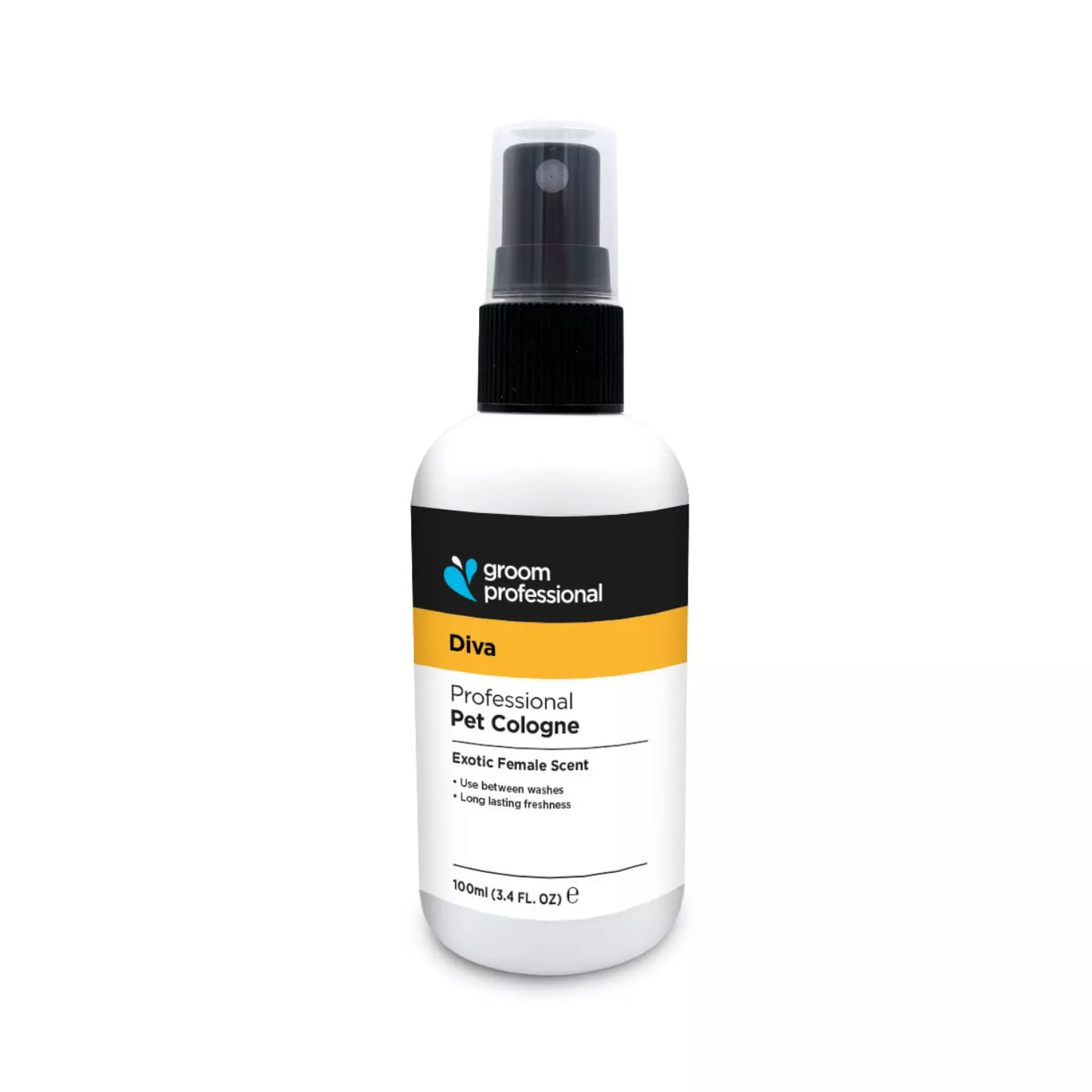 A 100ml white spray bottle of Groom Professional 'Diva' pet cologne, featuring a black and yellow label with a black spray nozzle, set against a plain white background.