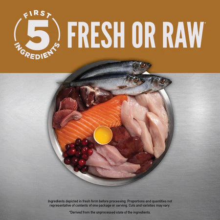 Assorted raw meats and fish on a metallic surface with 'First 5 Ingredients' branding.