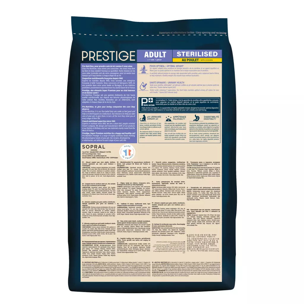 A bag of Prestige Adult Sterilised dog food by Sopral, featuring a dark navy blue background with a large beige information panel and purple accents.