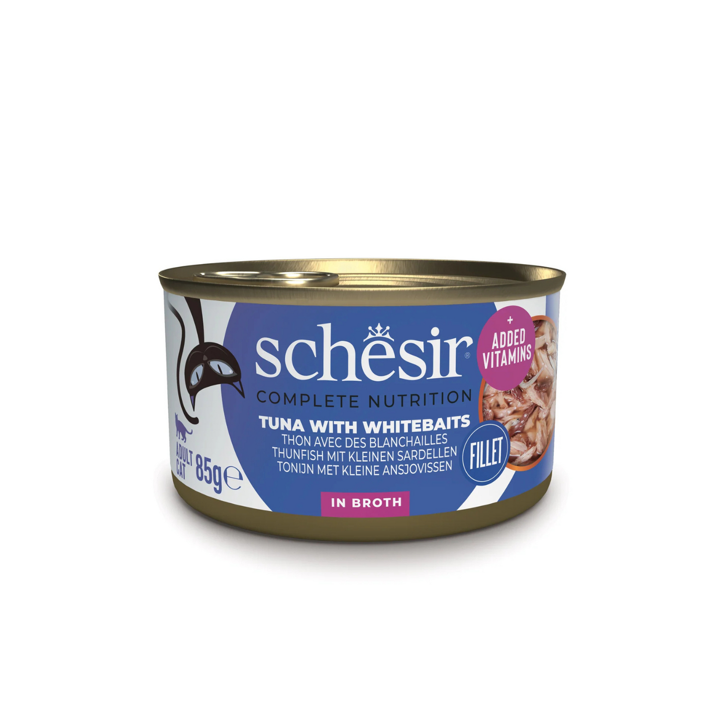 Can of Schesir tuna with whitebait cat food on a white background