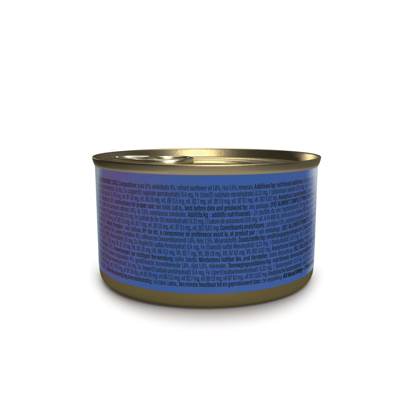Canned food with a blue label on a white background