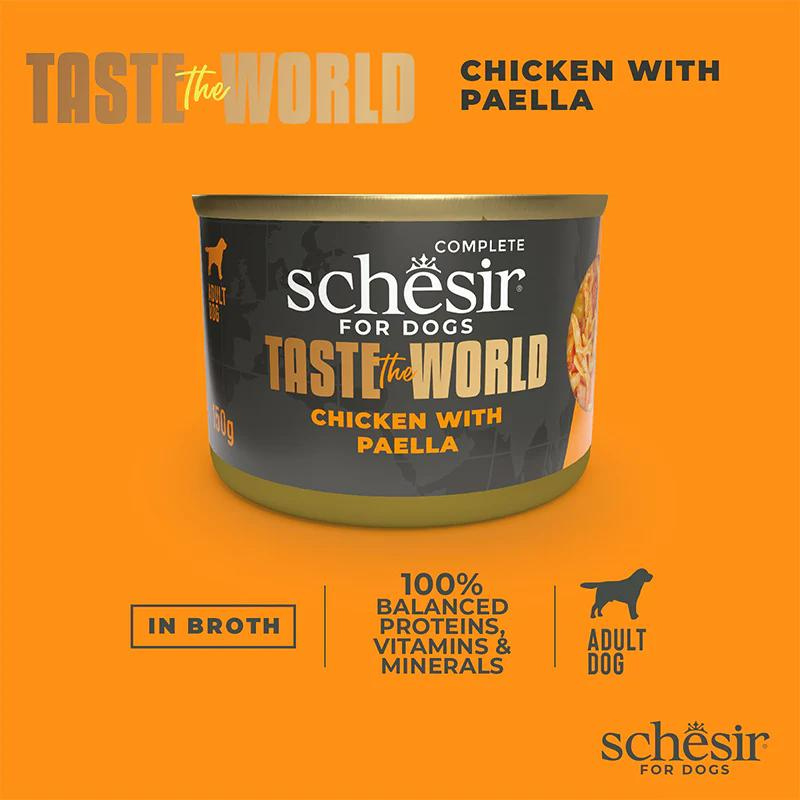 Schesir dog food can on an orange background with branding and product details.