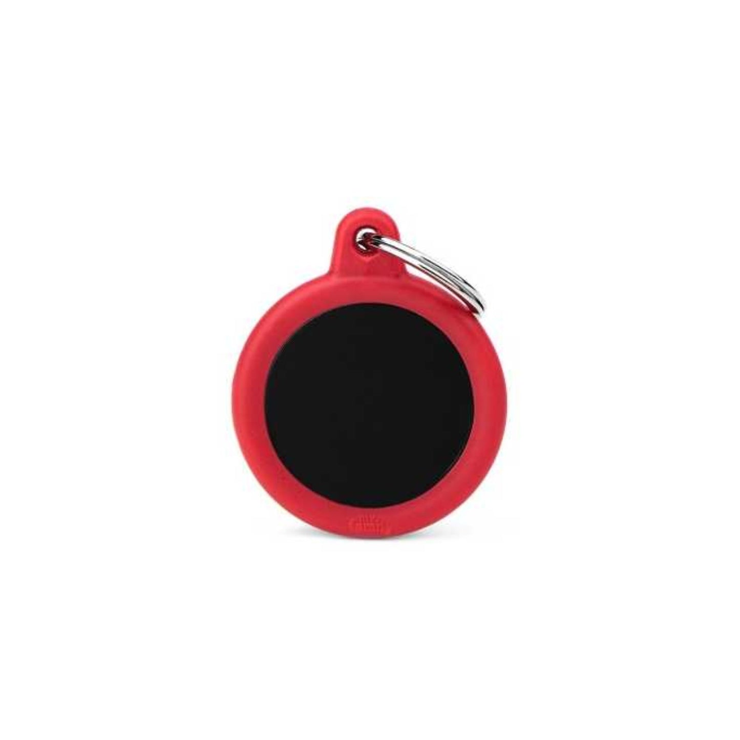 Red pet tag with a black center on a white background