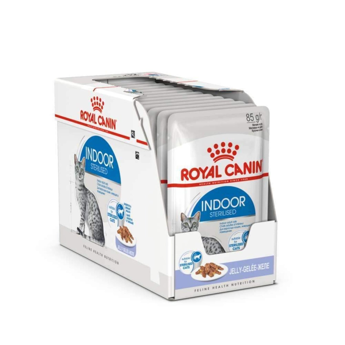 Box of Royal Canin Indoor Sterilised cat food on a white background