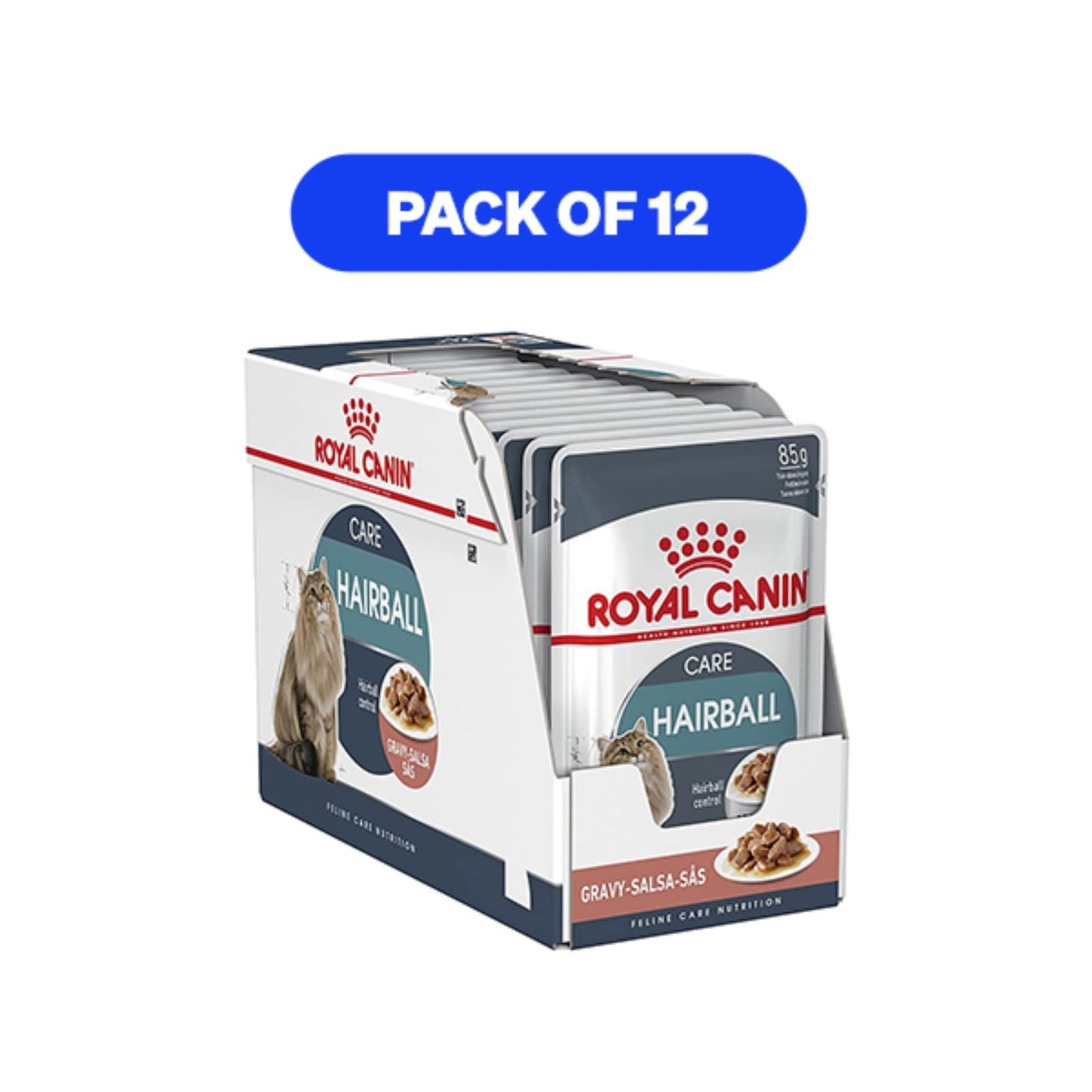 Pack of Royal Canin Hairball care cat food on a white background