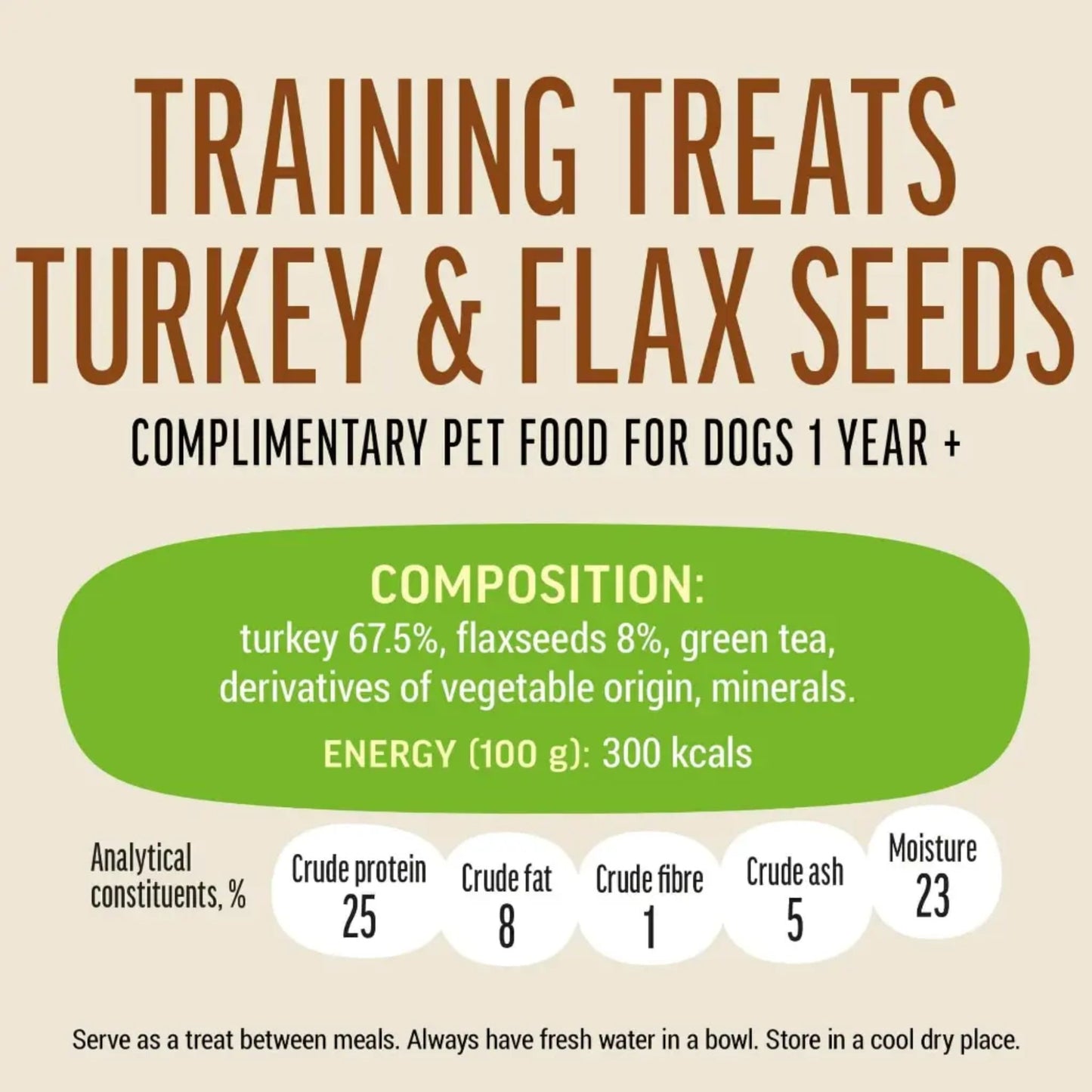 Pet food label for training treats with turkey and flax seeds on a beige background