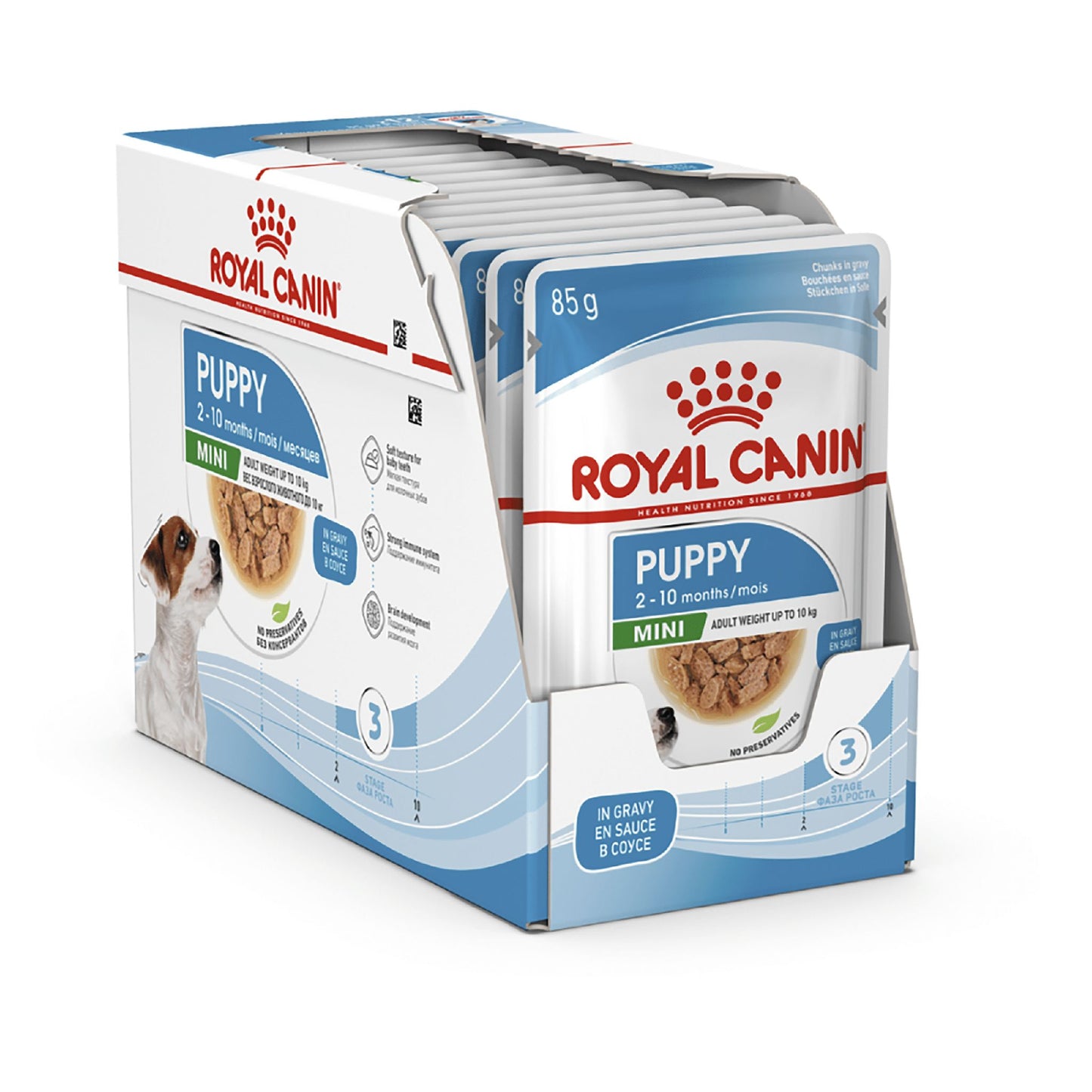 Box of Royal Canin Puppy Mini wet dog food on a white background