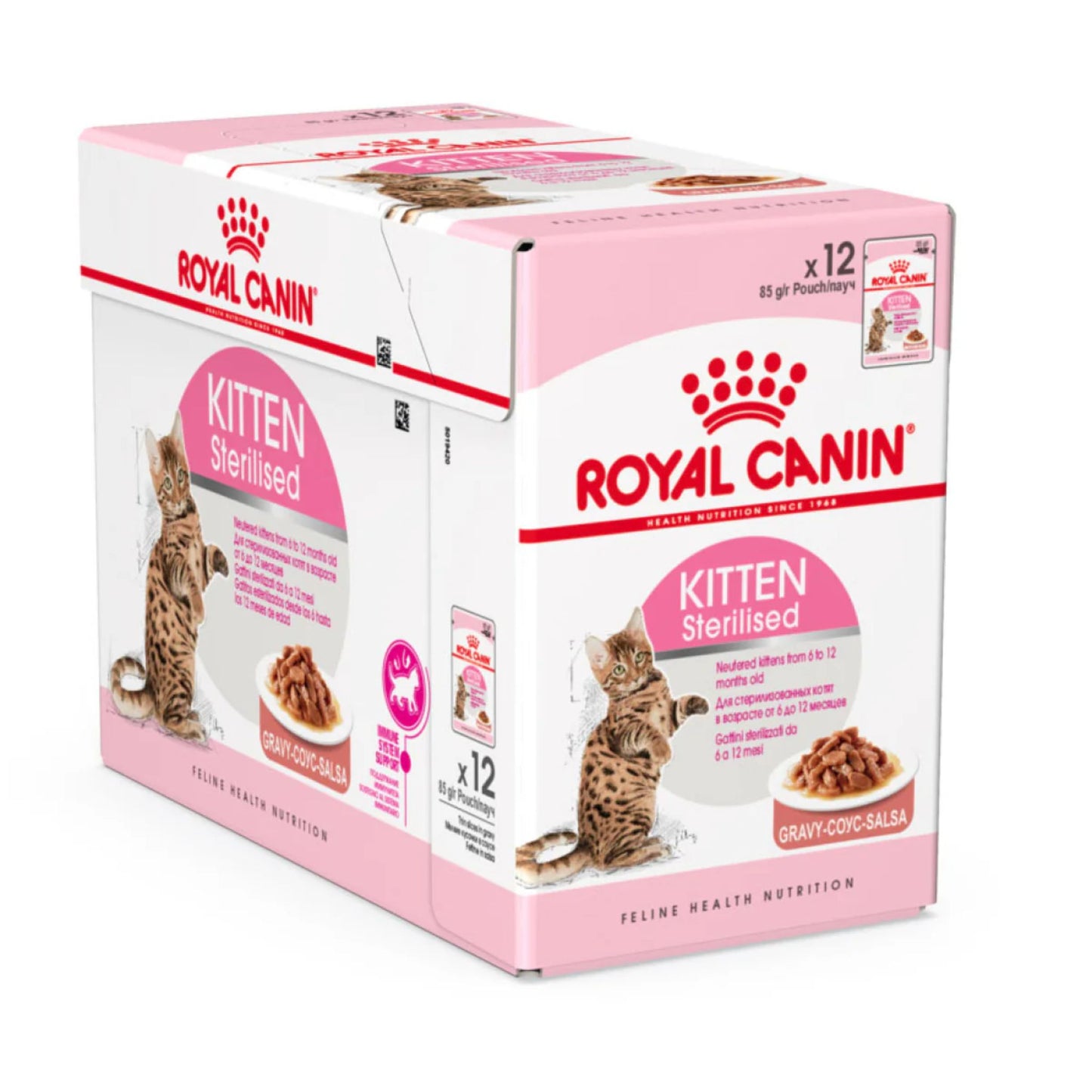 Box of Royal Canin Kitten Sterilised cat food on a white background