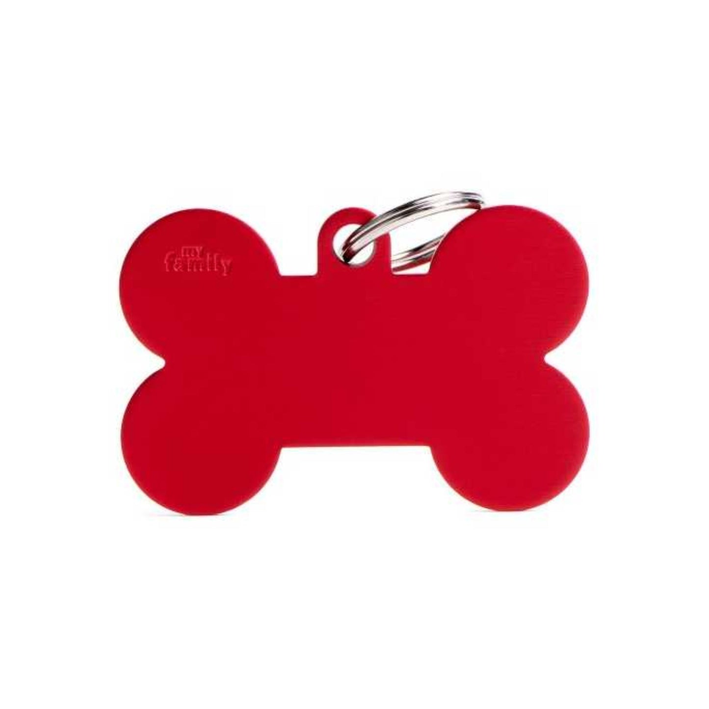 Red bone-shaped pet tag on a white background