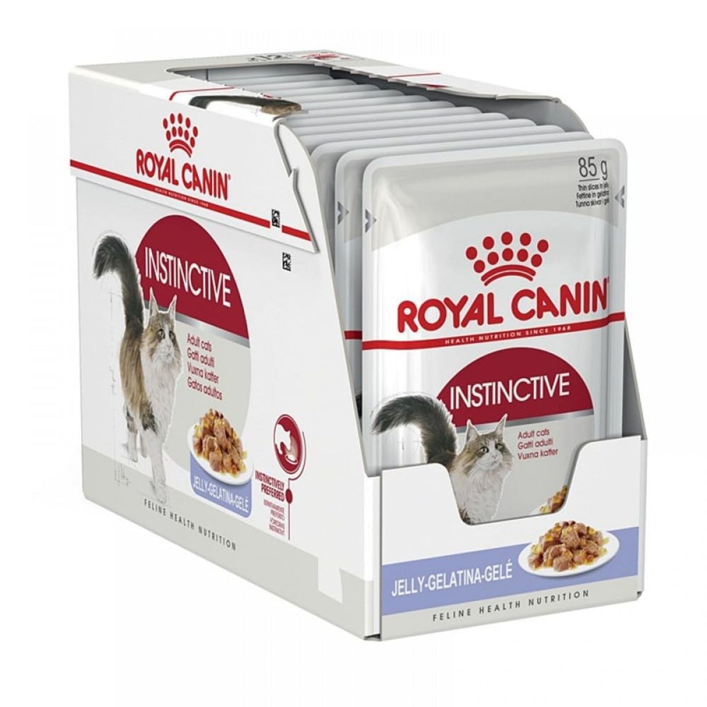 Packaging of Royal Canin Instinctive cat food pouches on a white background