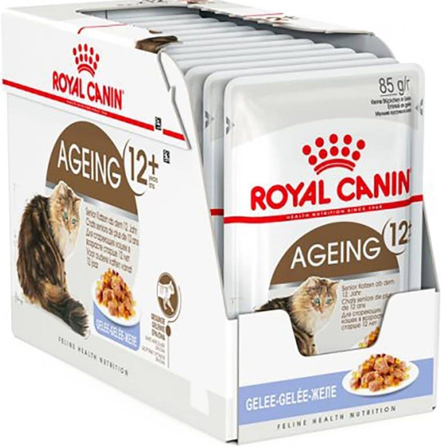 Royal Canin Ageing 12+ cat food pouches in a display pack.
