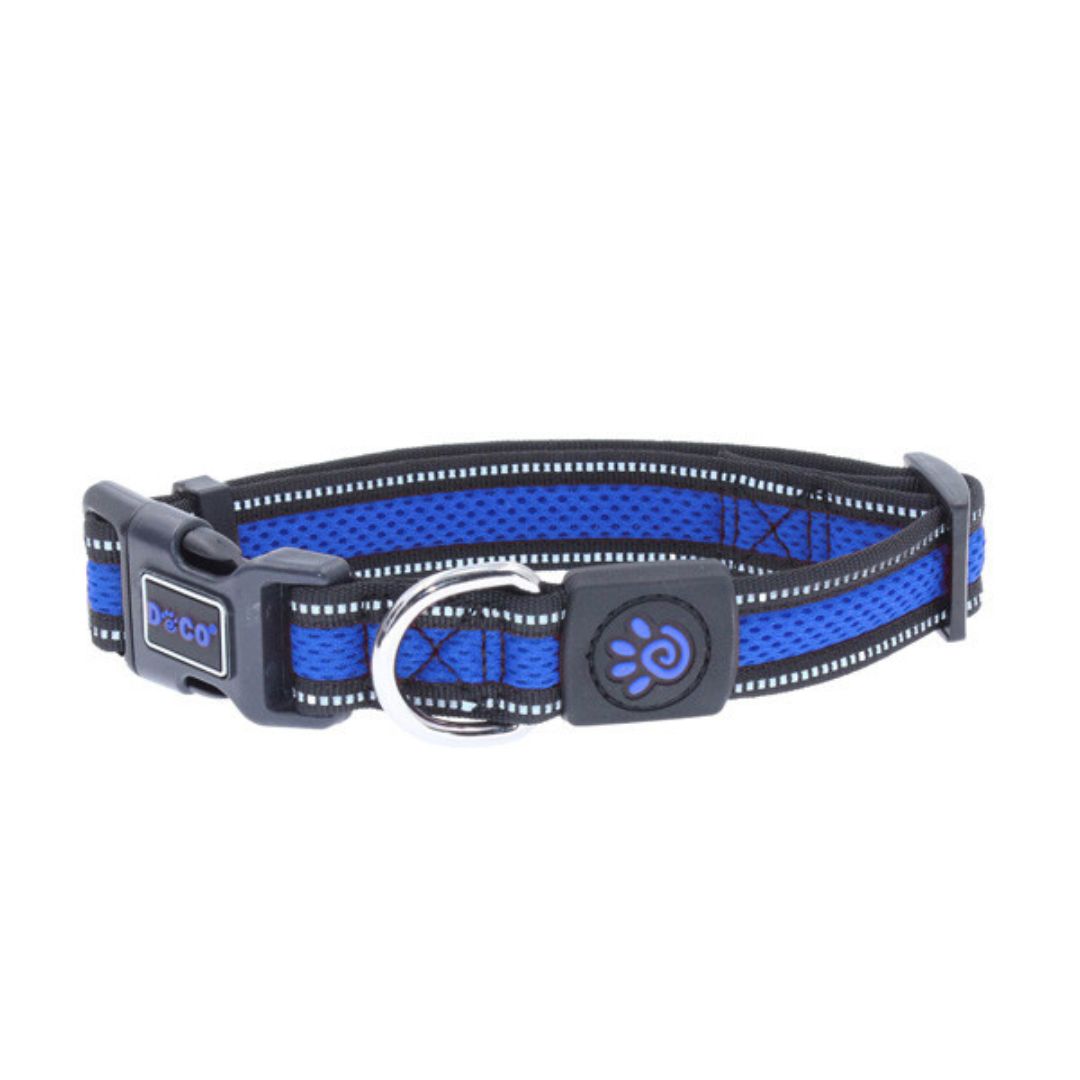 Blue dog collar with reflective strip on a white background