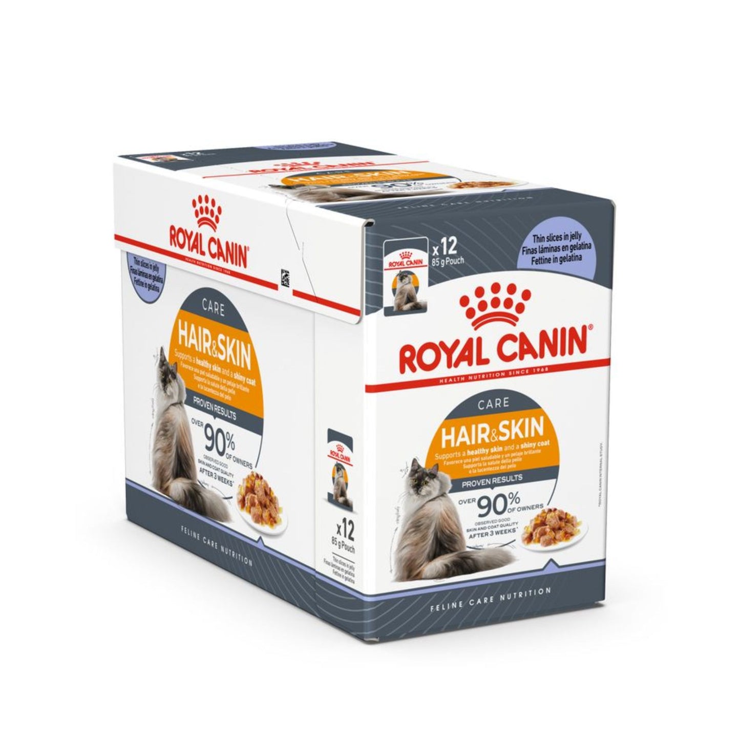 Box of Royal Canin Hair & Skin care cat food on a white background