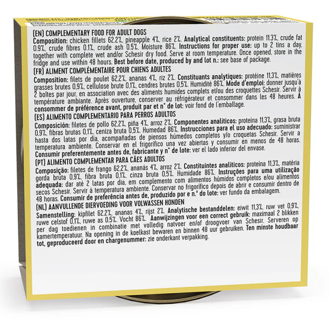 Dog food packaging with nutritional information and instructions on a white background