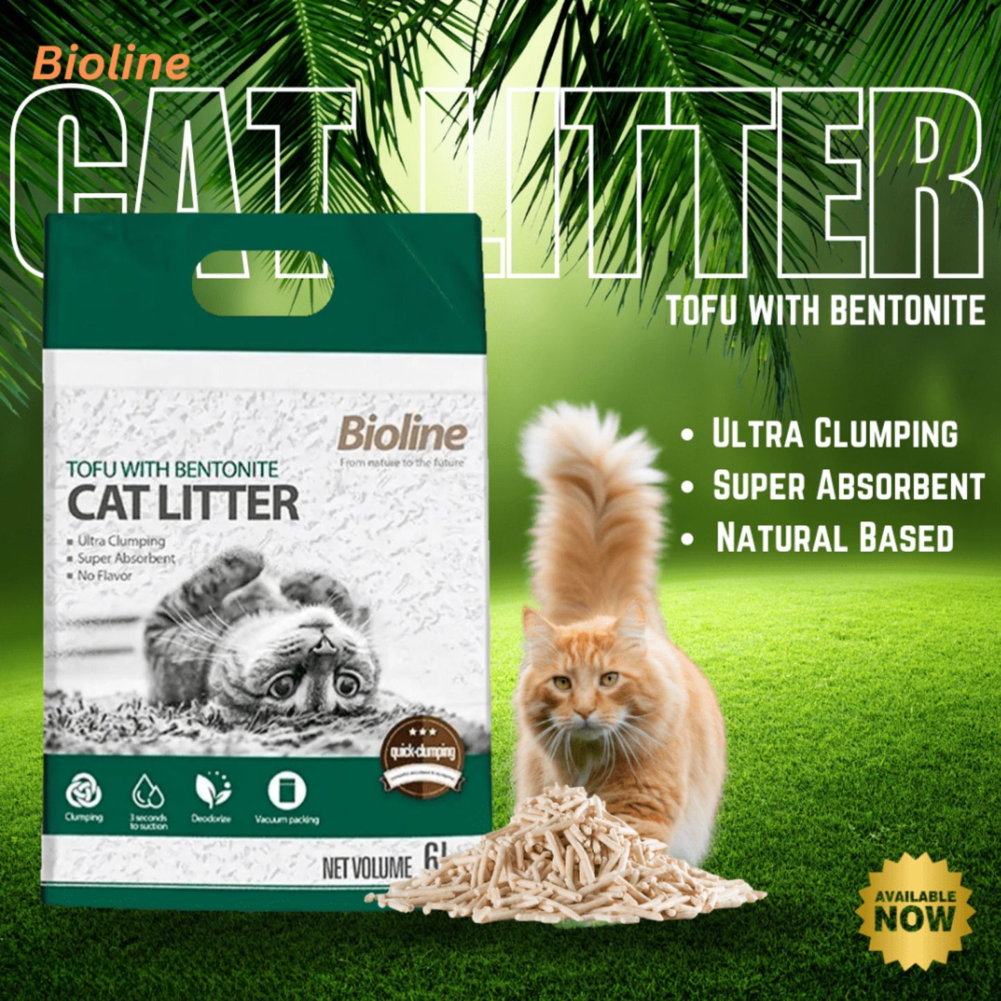 Bioline cat litter packaging with a cat on a grassy background