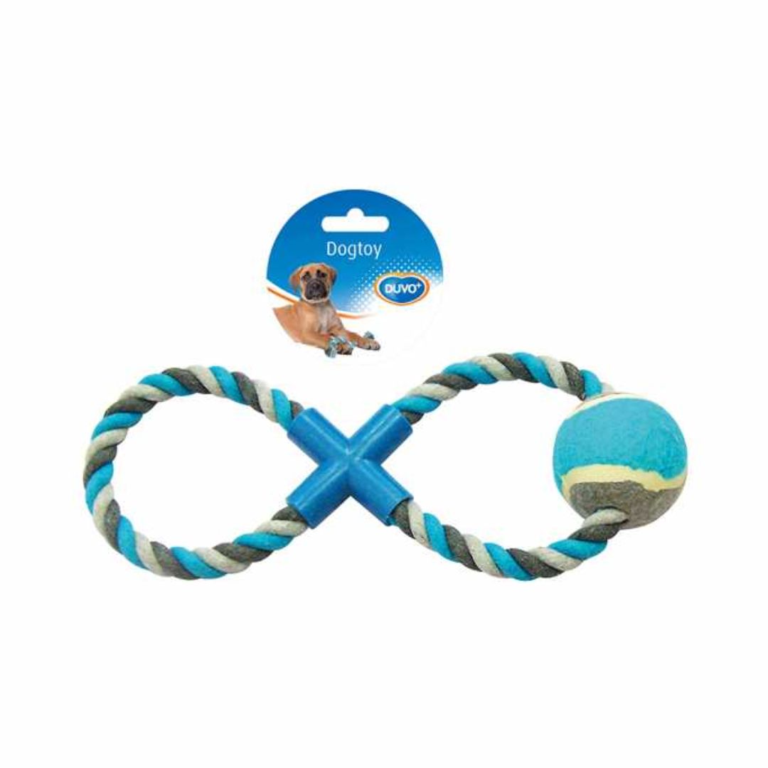 Duvo+ Knotted Cotton Rope Toy With Ring & Tennis Ball Grey/Blue – 28cm