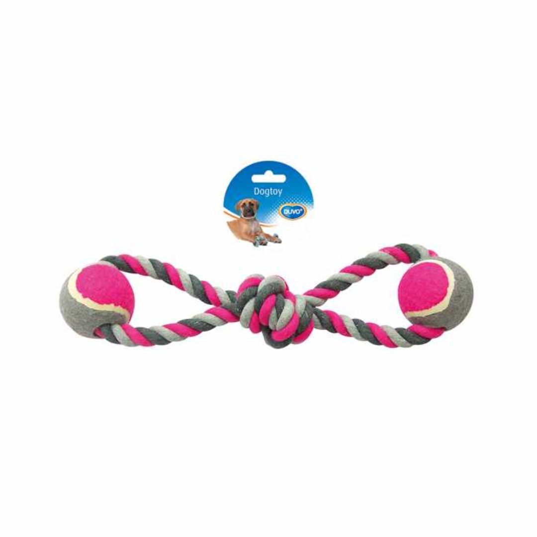 Duvo+ Knotted Cotton Rope Toy with Ring & 2 Tennis Balls – 38cm Grey/Pink