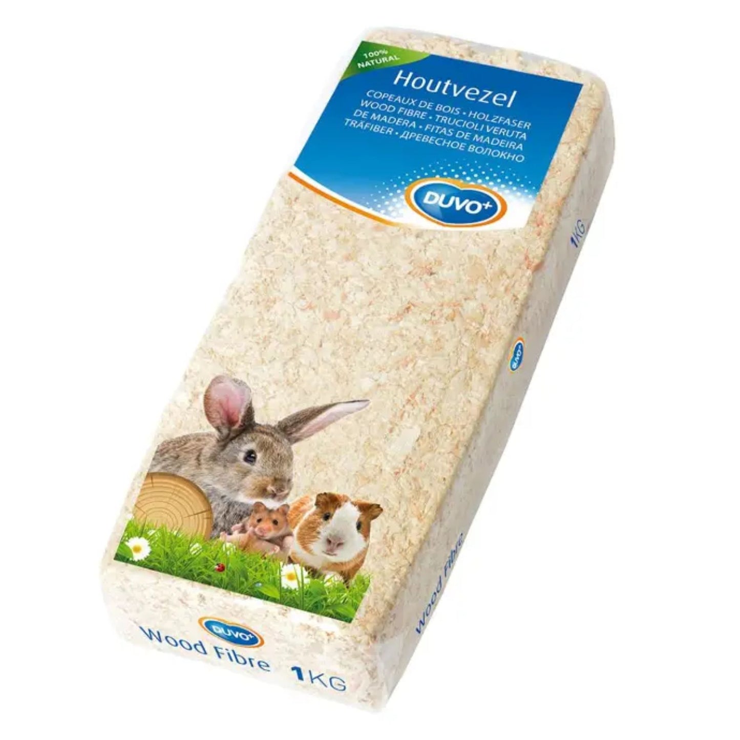 Box of wood fiber for small animals with a rabbit, guinea pig, and hamster illustration on a white background.