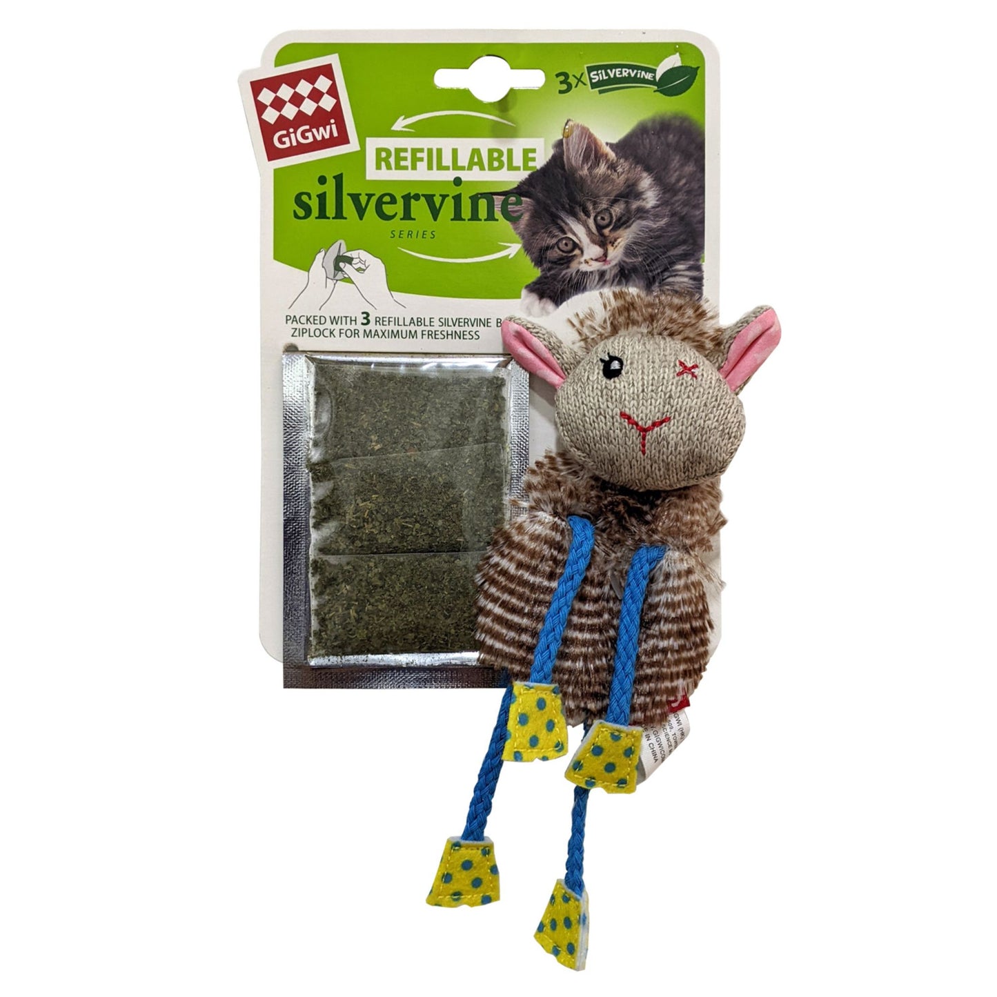 Gigwi Refillable Sheep Cat Toy With 3 Slivervine Tea Bags