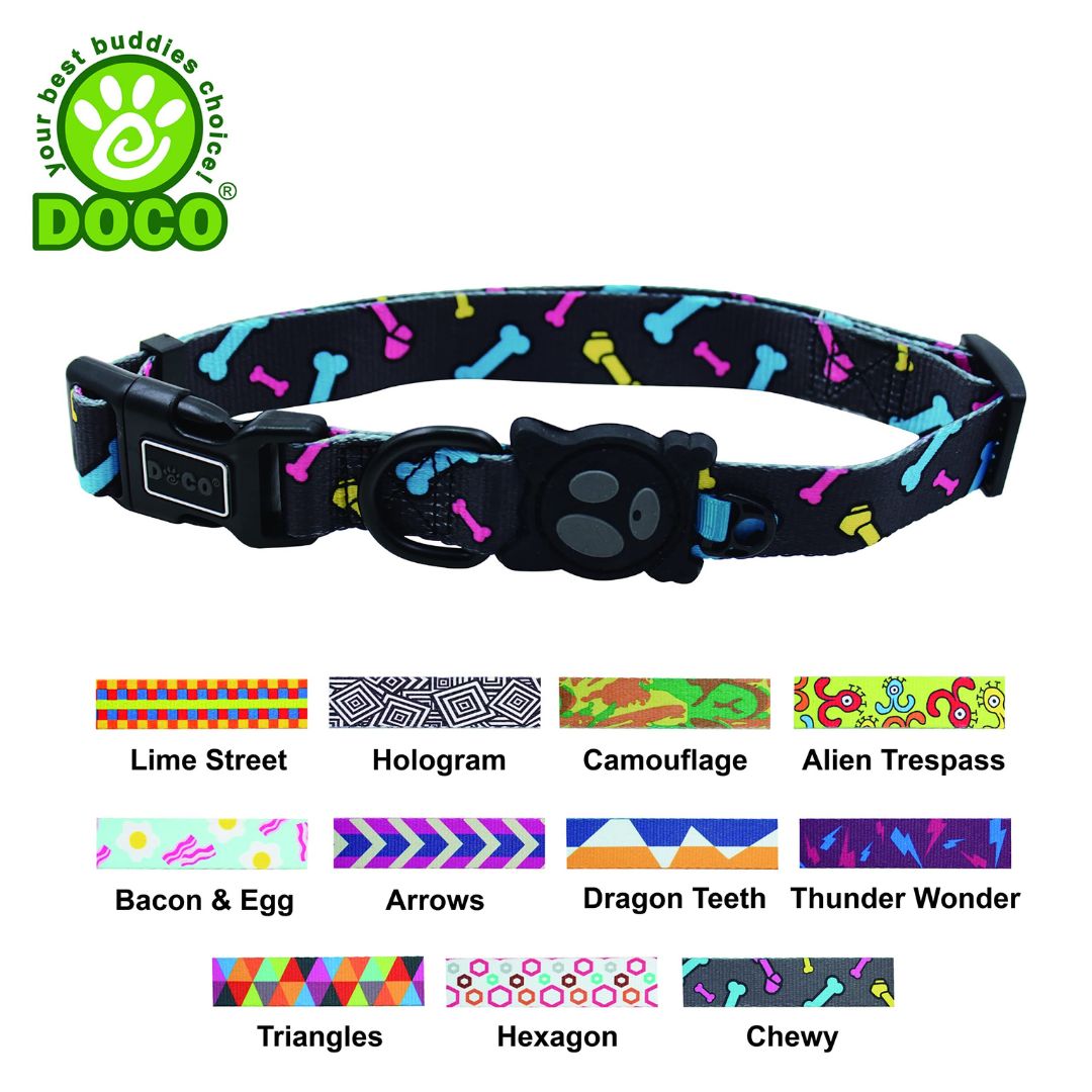 Dog collar with colorful bone pattern and DOCO branding, featuring various design options below.