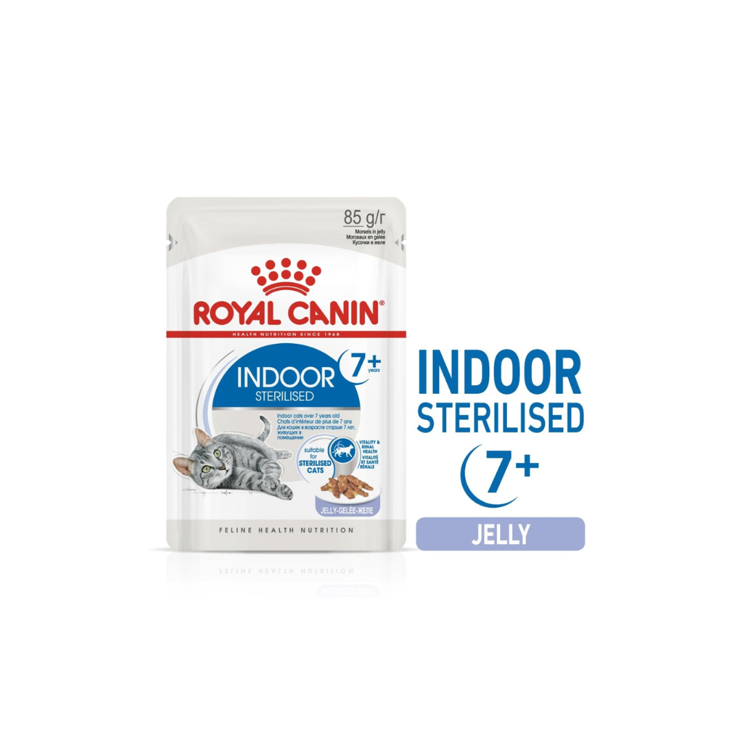 Royal Canin Indoor Sterilised 7+ Jelly cat food package on a white background