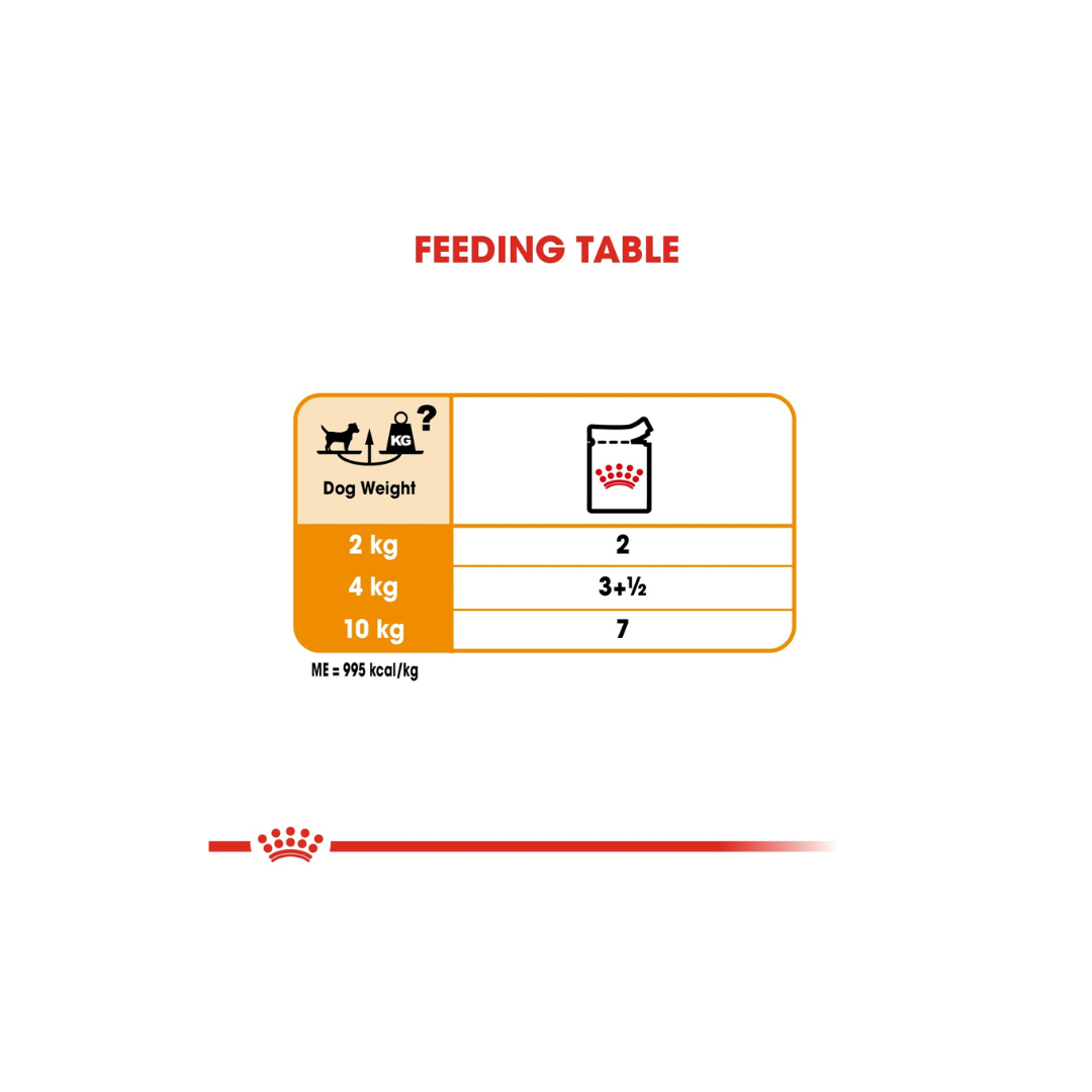 Feeding table for dogs with weight guidelines on a white background