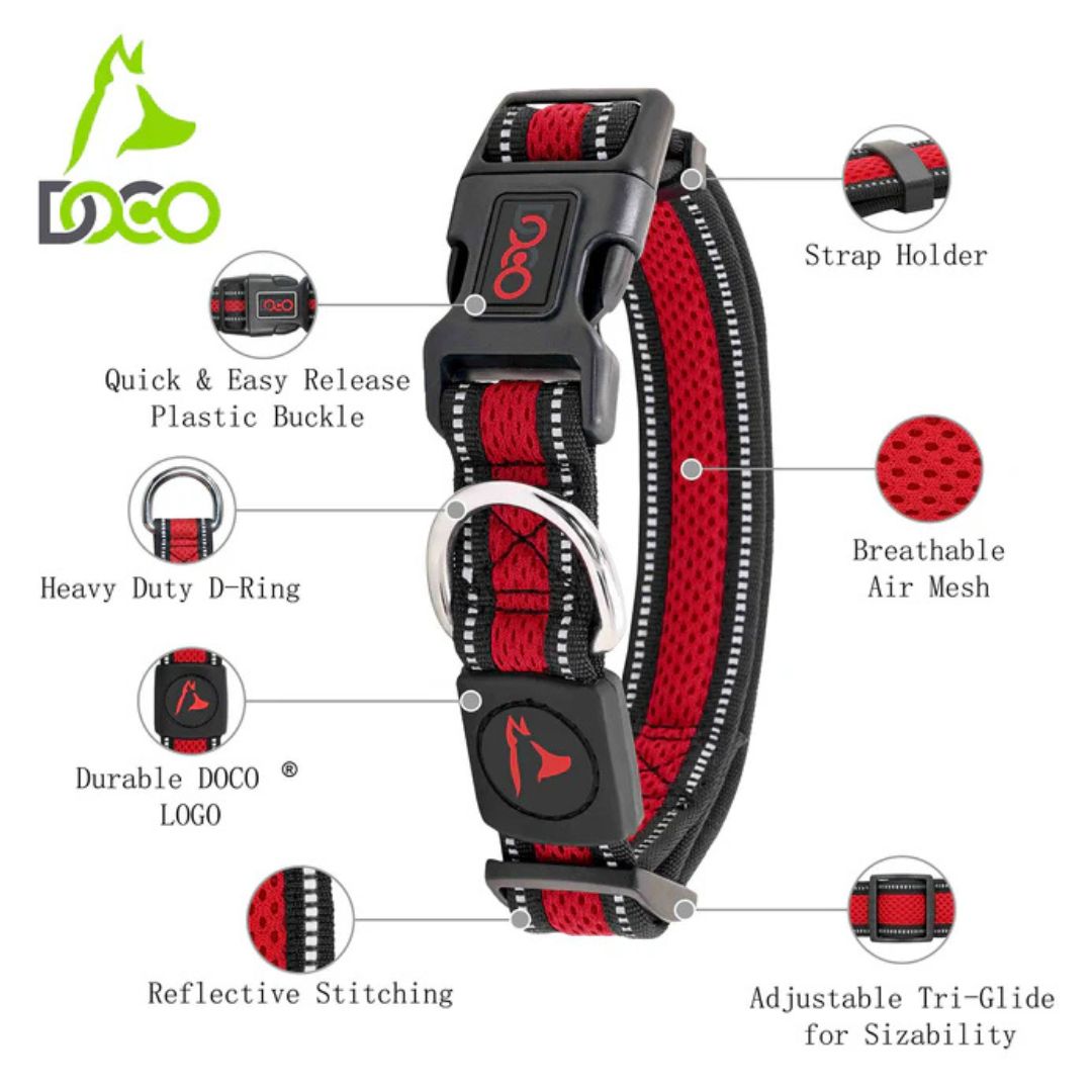 Red and black dog collar with features highlighted on a white background
