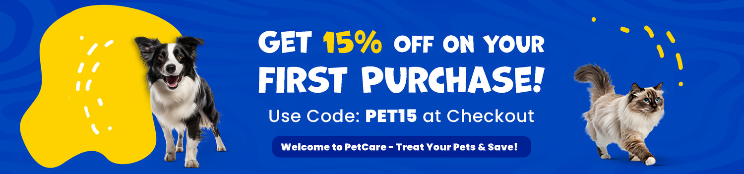 Promotional banner for a pet care service with a dog and cat, offering a discount on first purchases.