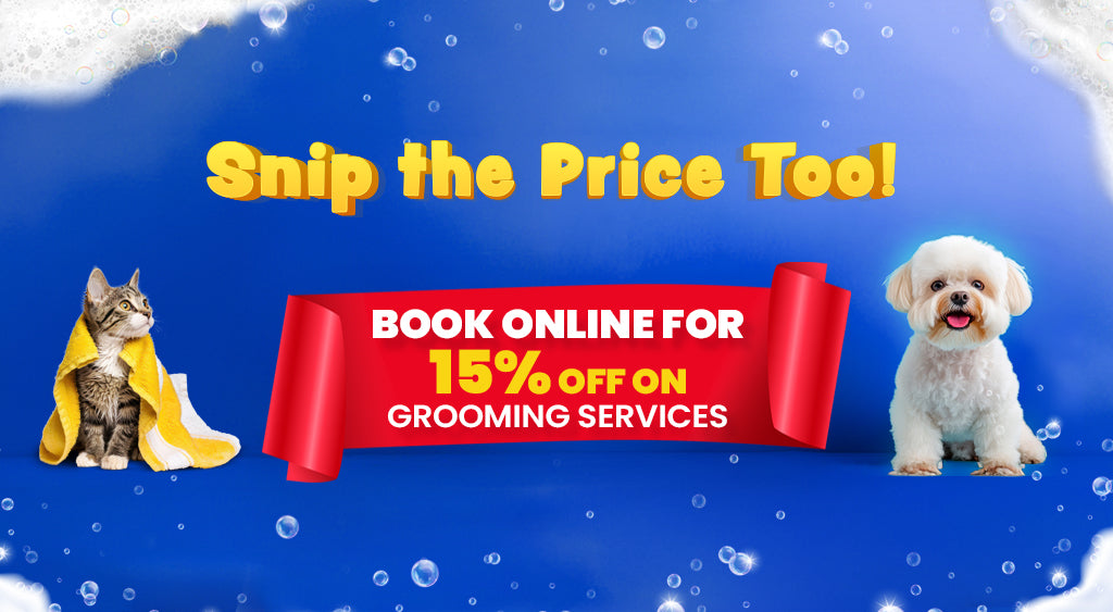Promotional banner for grooming services with a cat and dog on a blue background.