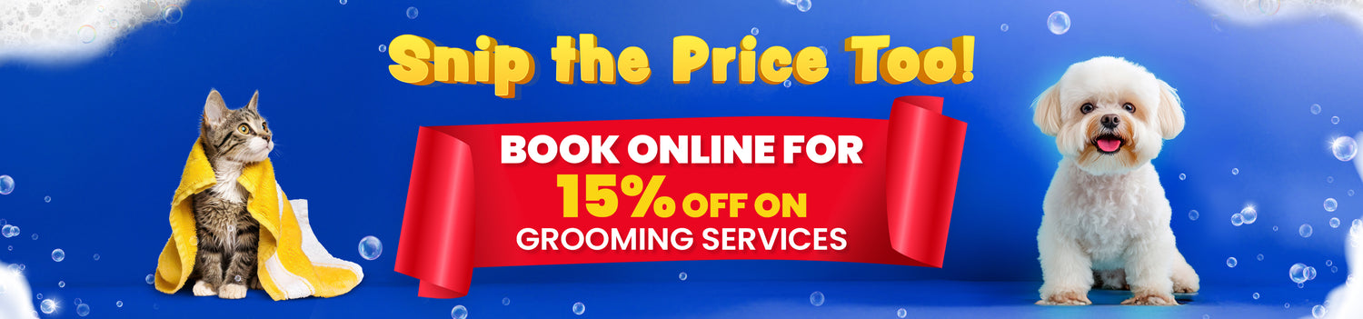 Promotional banner for grooming services with a cat, dog, and red banner on a blue background.