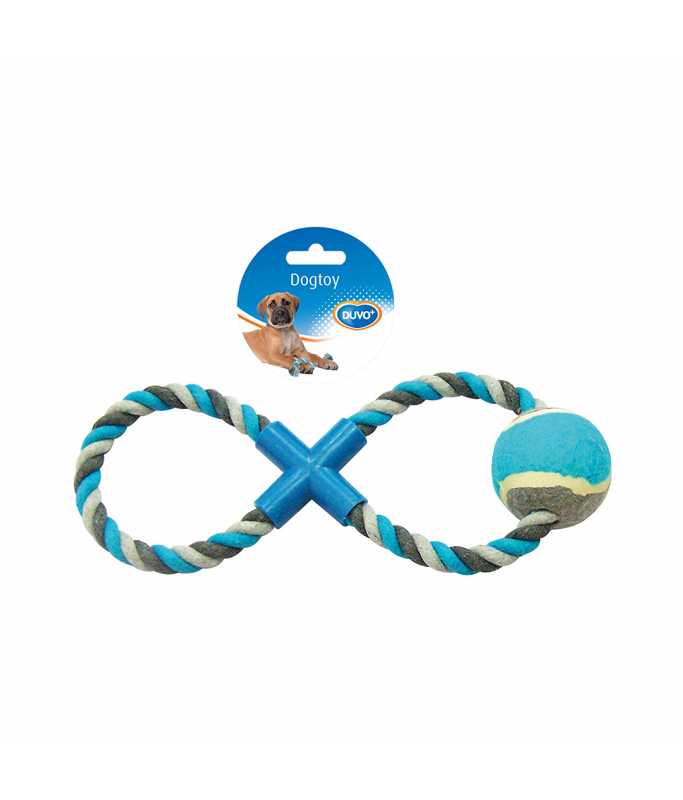 Duvo+ Knotted Cotton Rope Toy with Ring & Tennis Ball – 28cm Grey/Blue