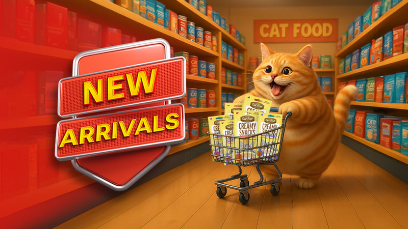 Cartoon cat pushing a shopping cart with cat food in a store setting, featuring 'New Arrivals' sign.