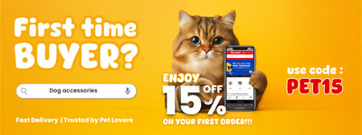 Promotional banner for PetCare.ae offering 15% off for first-time buyers using code PET15, featuring a cute cat holding a smartphone displaying the PetCare website, with a search bar for dog accessories and a bright yellow background.