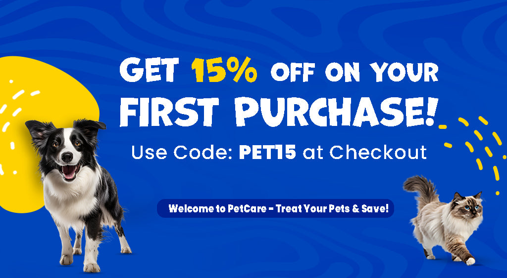 PetCare first purchase offer banner featuring a Border Collie dog and a Ragdoll cat on a blue background, promoting 15% off with code PET15 for new customers – pet supplies discount for dogs and cats.