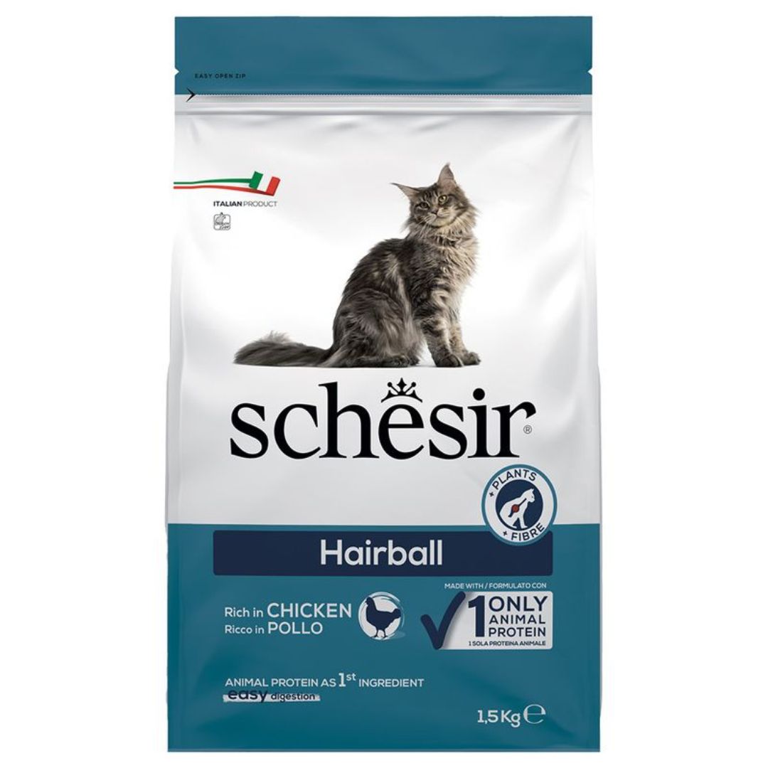Schésir cat food package for hairball control with a cat on the label.