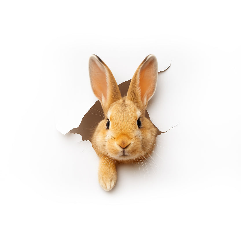 Brown rabbit peeking out from behind a white sheet