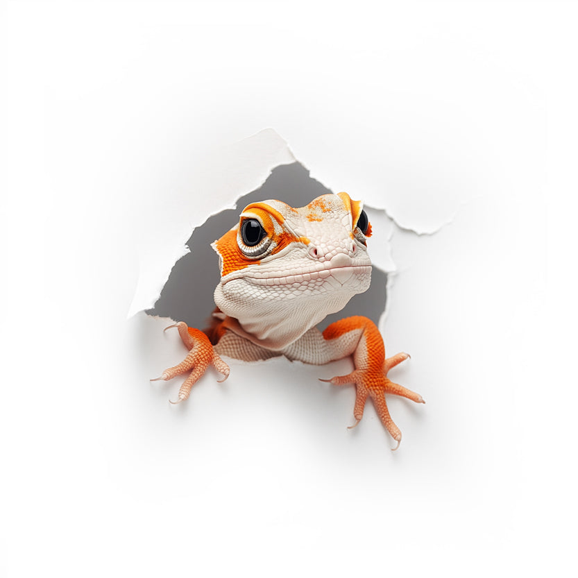 Reptile peeking out from behind a white paper background