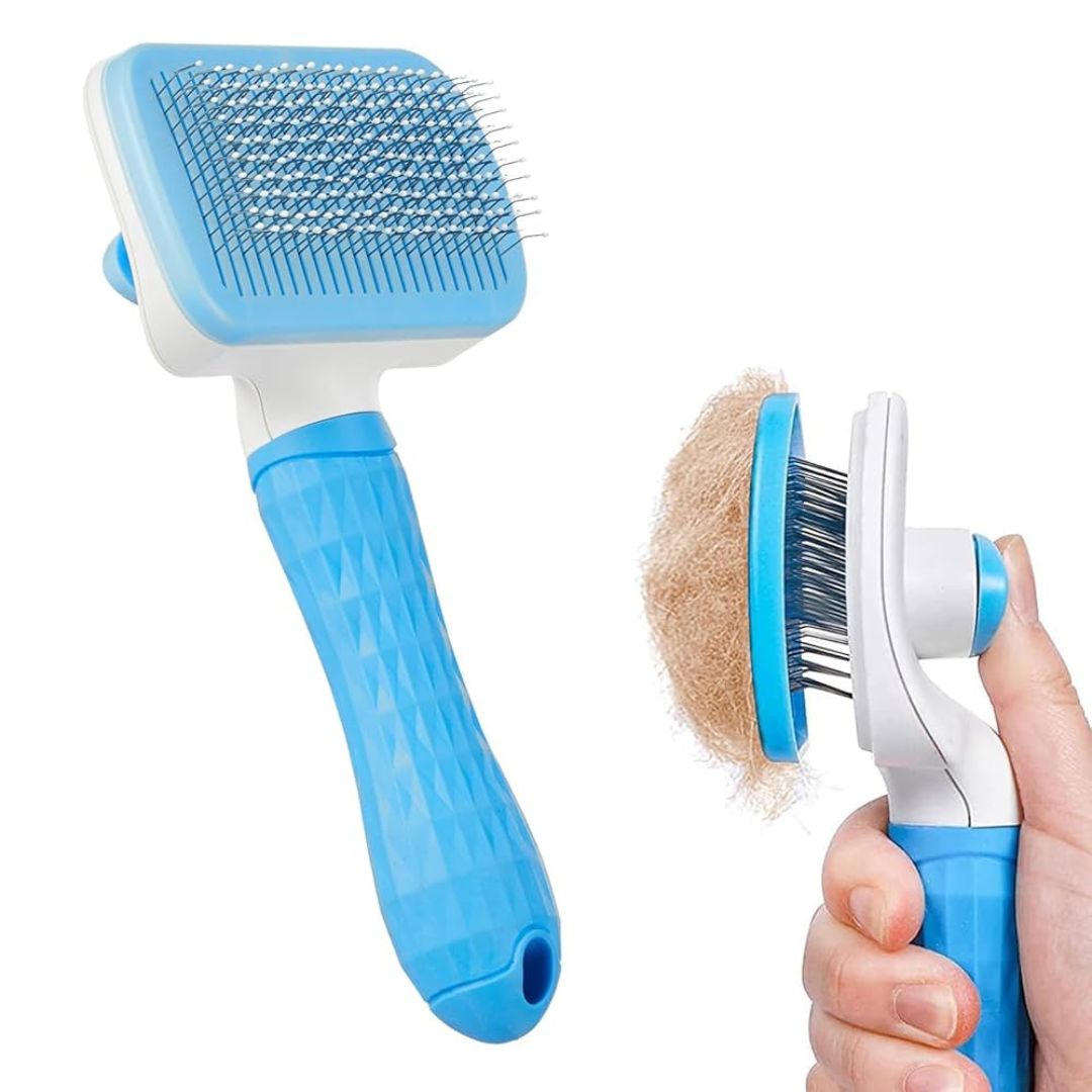 Blue pet grooming brush with a close-up of its bristles being used on fur.