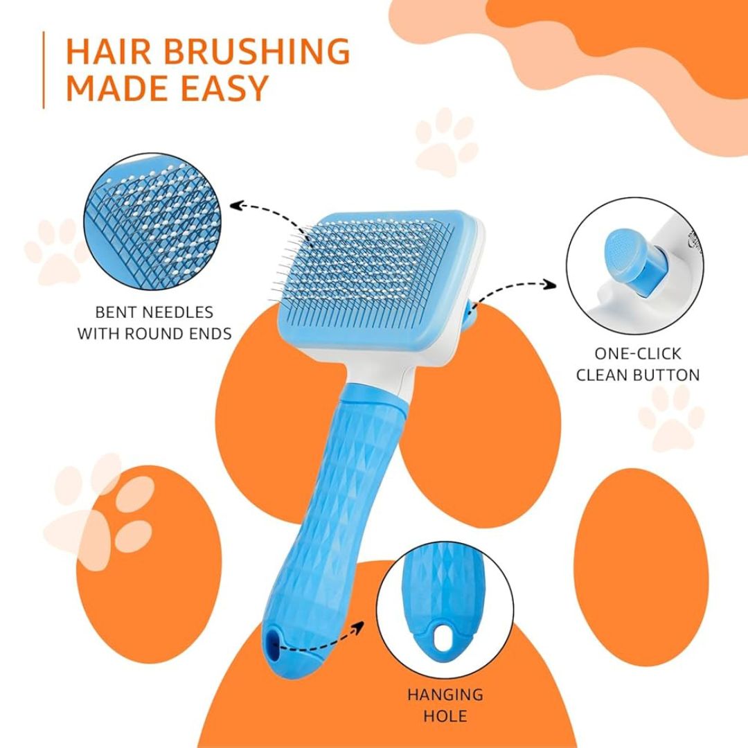 Pet grooming brush with features highlighted on an orange and white background
